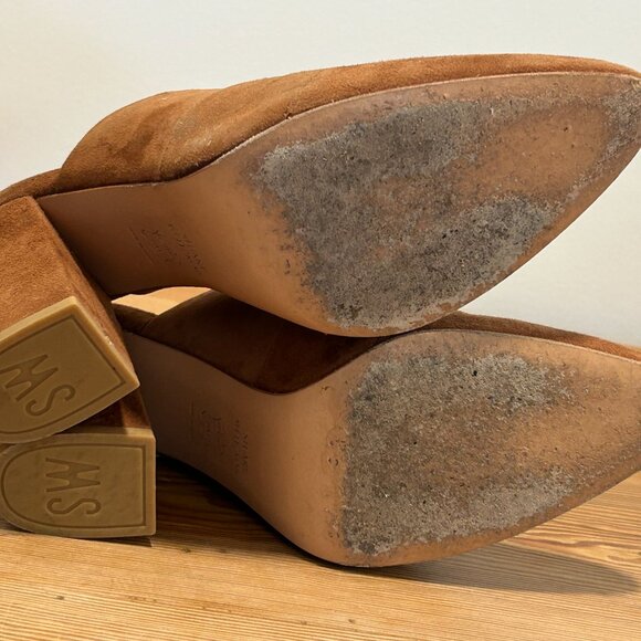 Stuart Weitzman Camel Suede Block Heel Mules | Leather Soles | Made in Spain - Picture 7 of 9